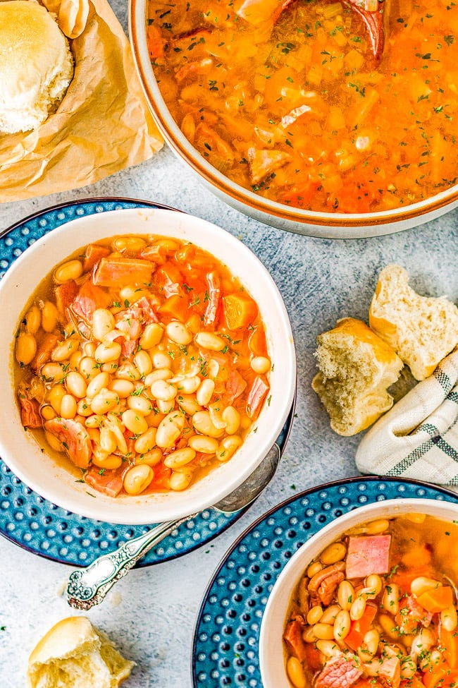 Overhead image of bowls of Slow Cooker Ham and Bean Soup.