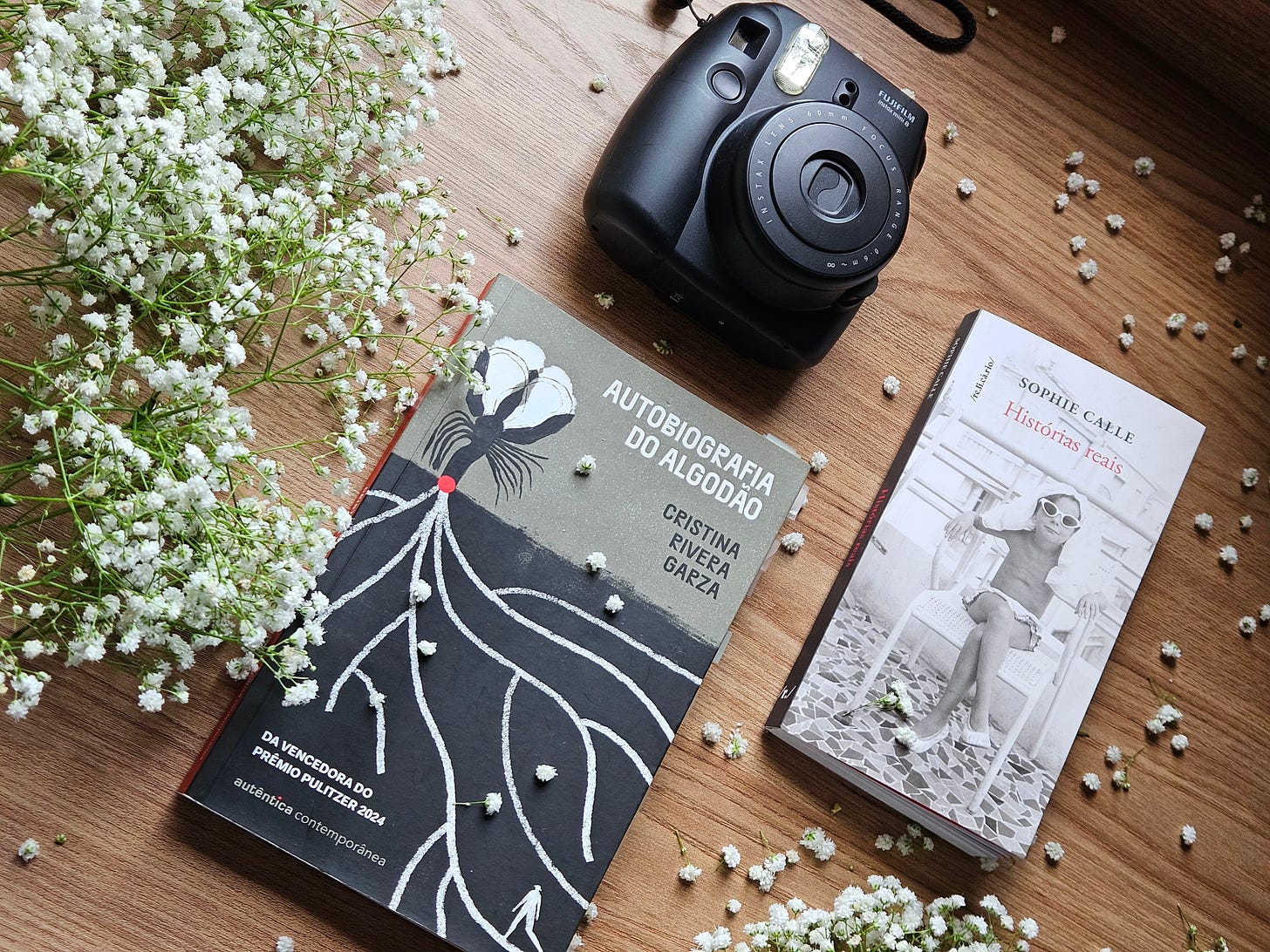 Livros "Autobiografia do algodão", de Cristina Rivera Garza, e "Histórias reais", de Sophie Calle, com uma câmera fotográfica.