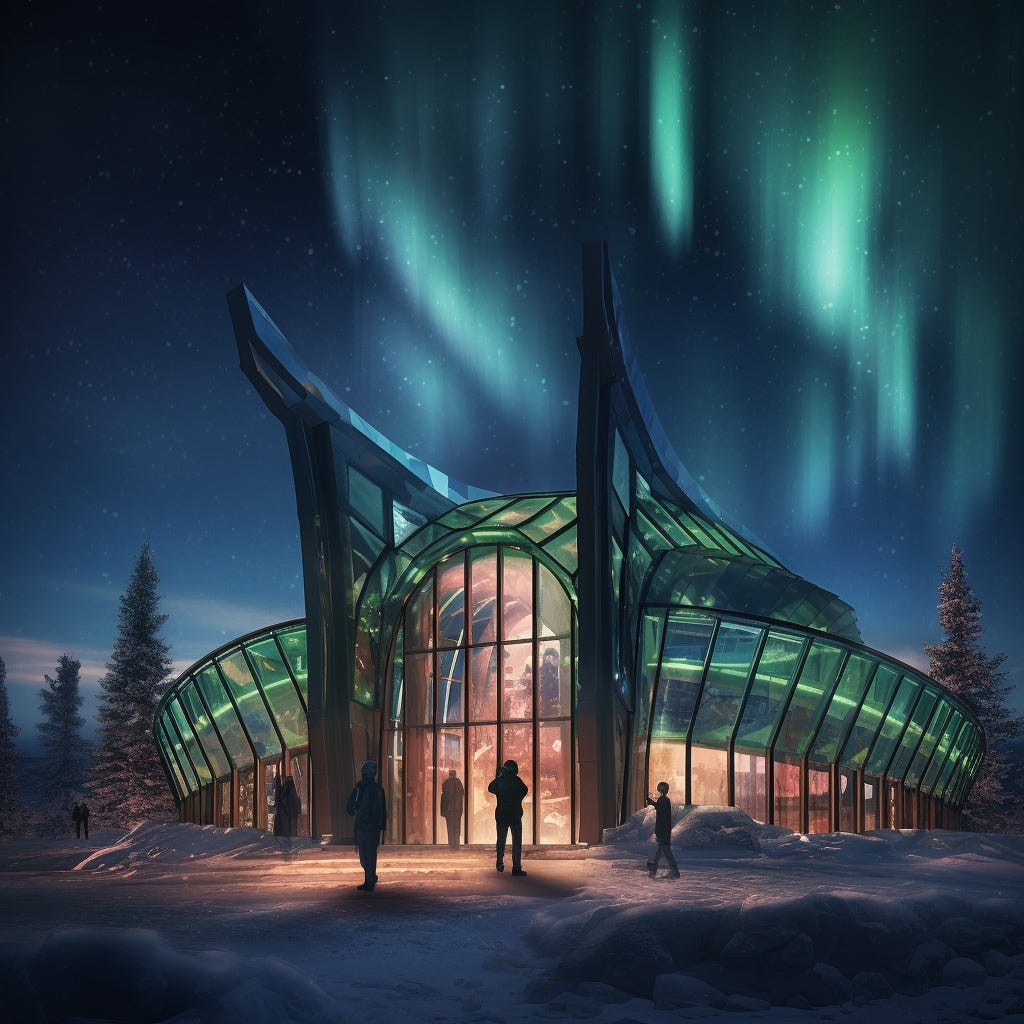 An arctic research facility lit by the aurora borealis at night