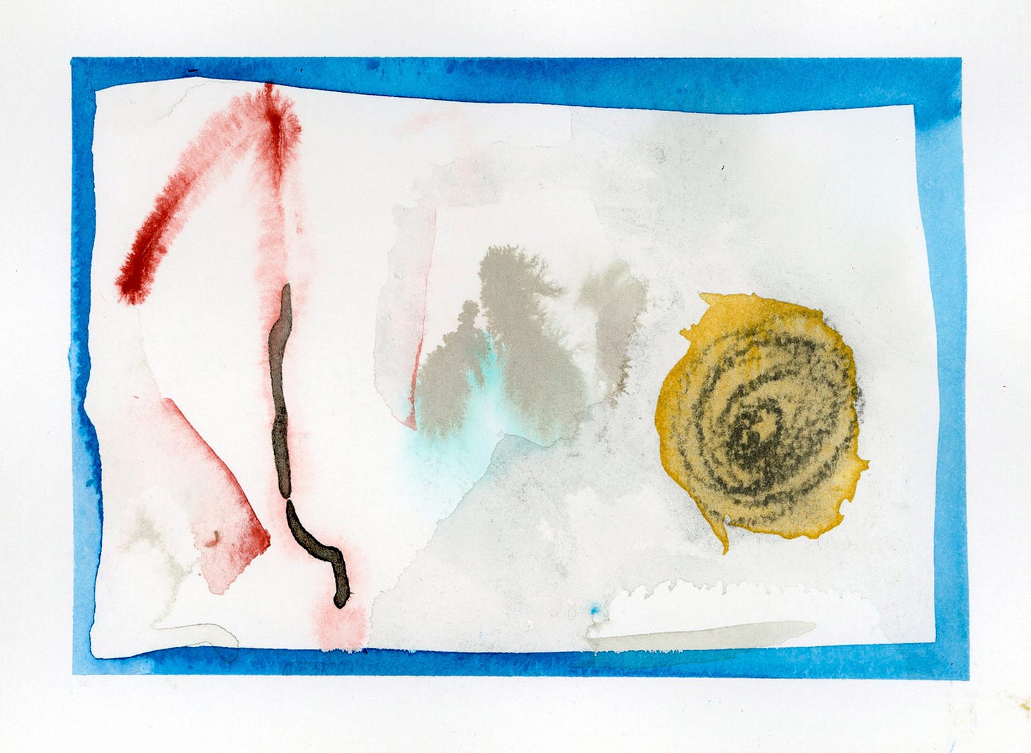 blue border with brick red markings on left and yellow ochre around a black spiral smudge