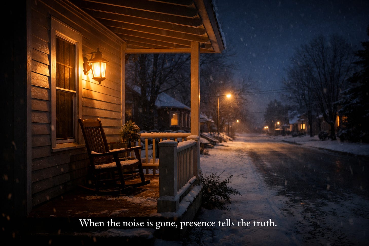 A quiet winter porch at night with a single warm porch light glowing over a rocking chair, while a still, snow-covered street fades into darkness beyond.