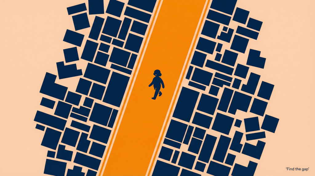 Person walking through a gap between dense blocks