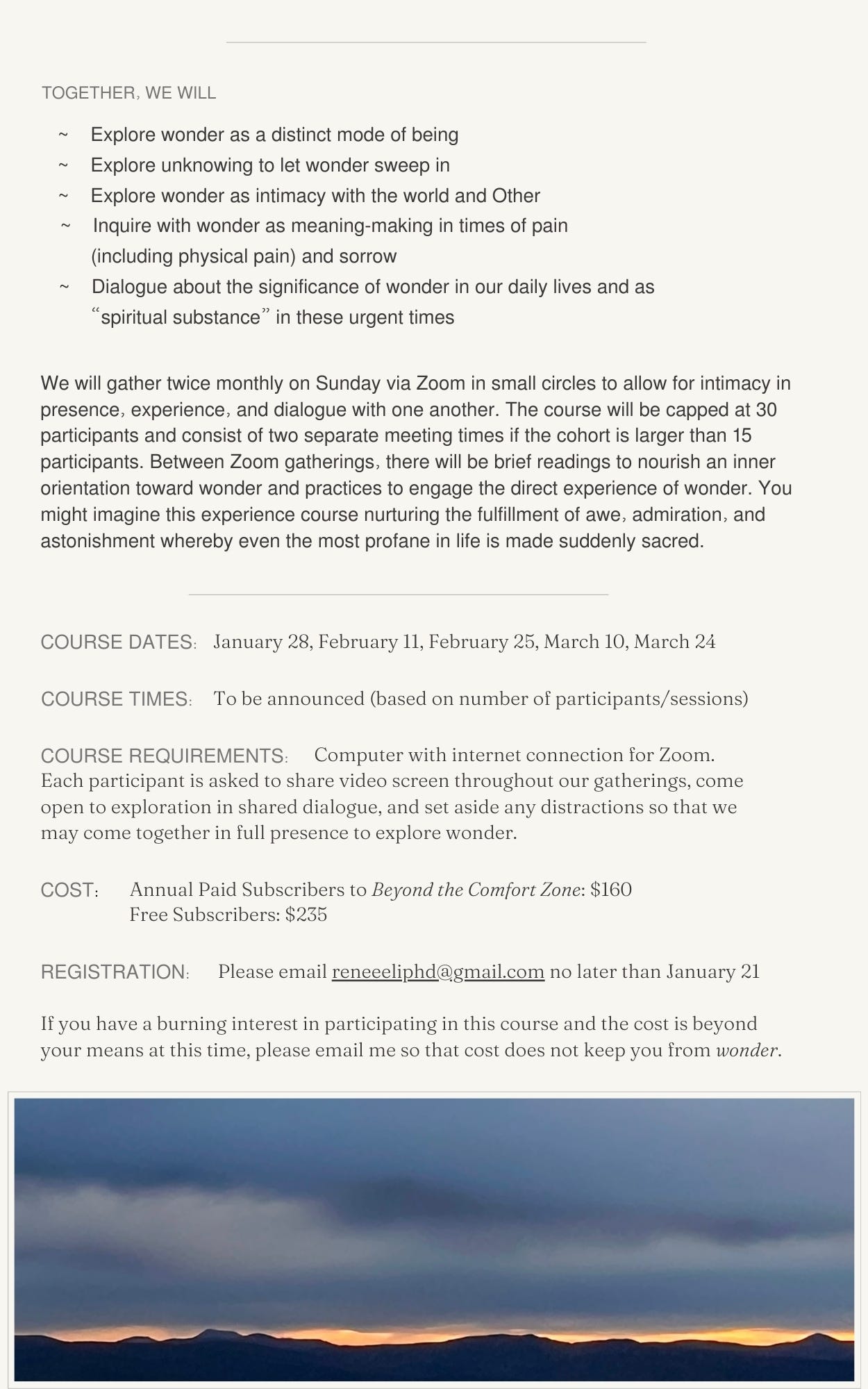 Awakening Wonder Course Description; Image of sunset