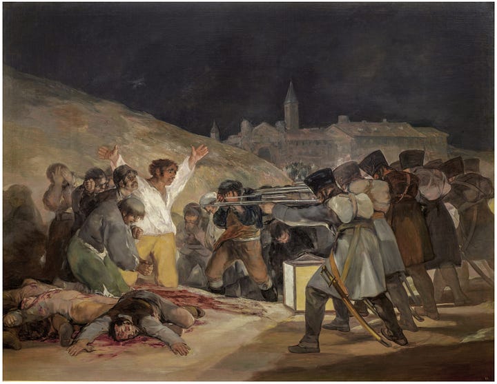two side by side paintings of warfare, one during day with mounted soldiers battling masses on foot. The other a nighttime scene where a firing line aims at a peasant with arms held up.
