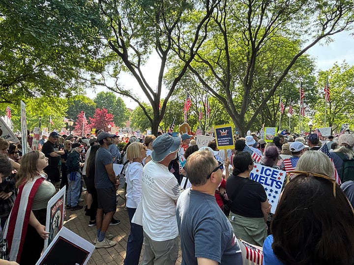 Large crowds of gathered protesters in a park, some holding signs.
