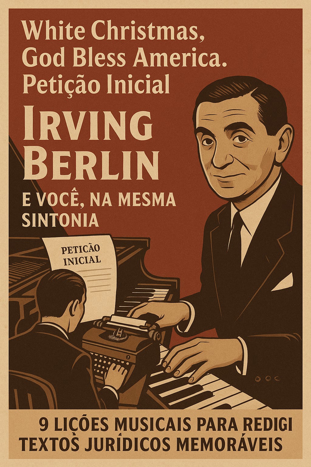 Cartaz vintage com Irving Berlin e um advogado escrevendo uma petição intitulada “Petição Inicial”, acompanhado do texto: “White Christmas, God Bless America, Petição Inicial — Irving Berlin e você, na mesma sintonia. 9 lições musicais para redigir textos jurídicos memoráveis”.