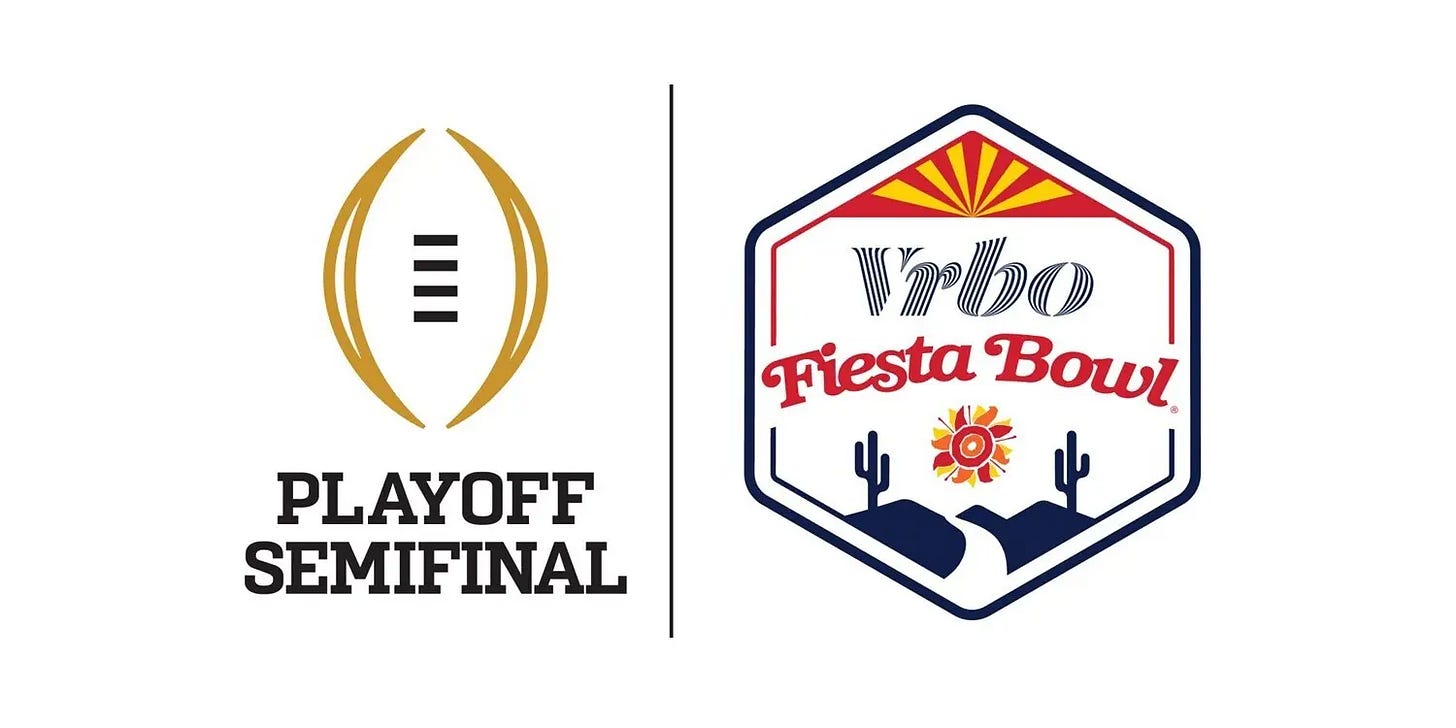 College Football Playoff semifinal logo two-lock with the Vrbo Fiesta Bowl logo, featuring the CFP gold football emblem and the Fiesta Bowl badge with desert landscape, cactus imagery, and sunburst design. Deals on seats, fan gear, and premium college football coverage at www.NattyRoad.com