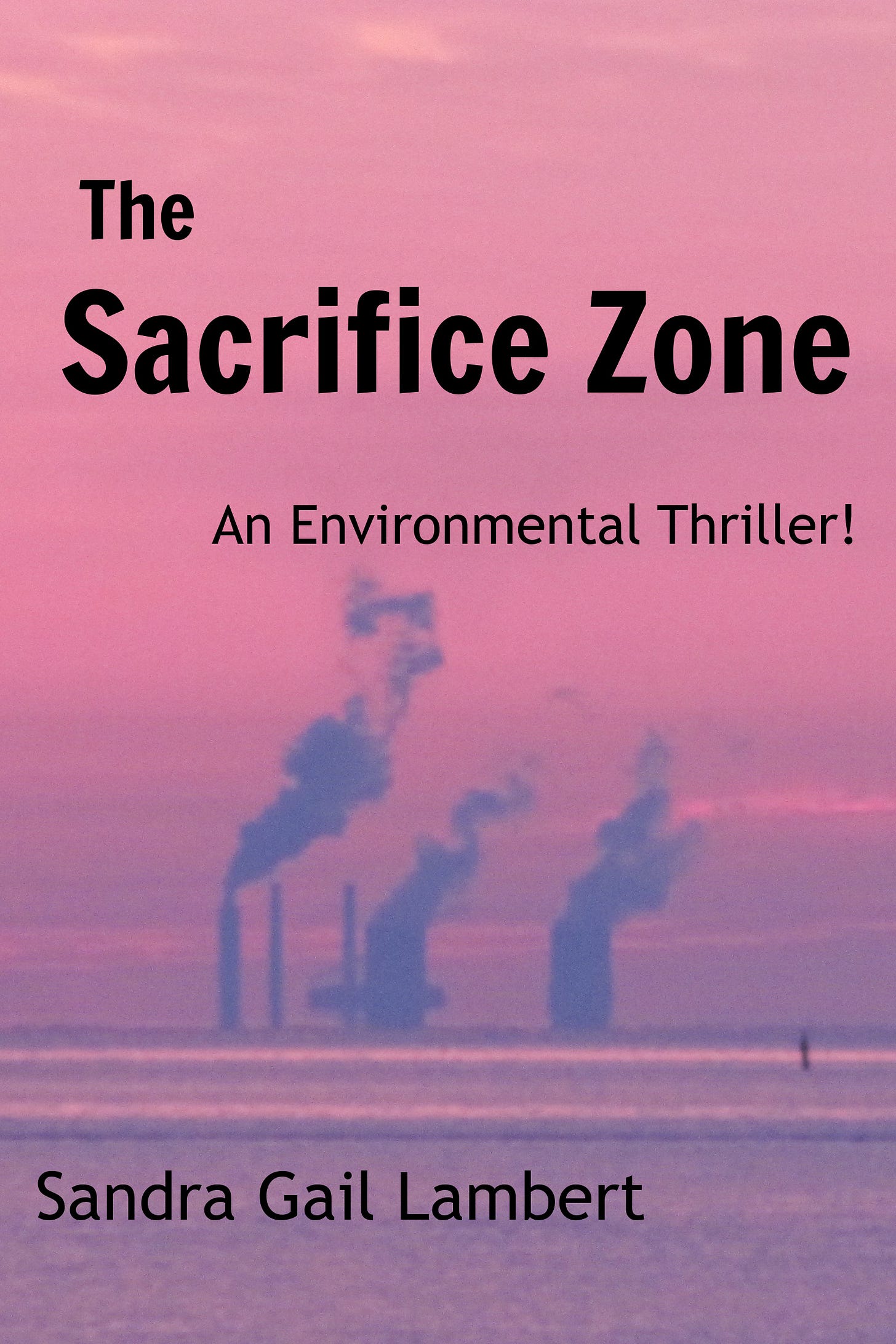 A book cover with the text "The Sacrifice Zone: An Environmental Thriller by Sandra Gail Lambert" The background is pink and there is the blurred image of a power plant stacks spewing smoke in the distance over water. 
