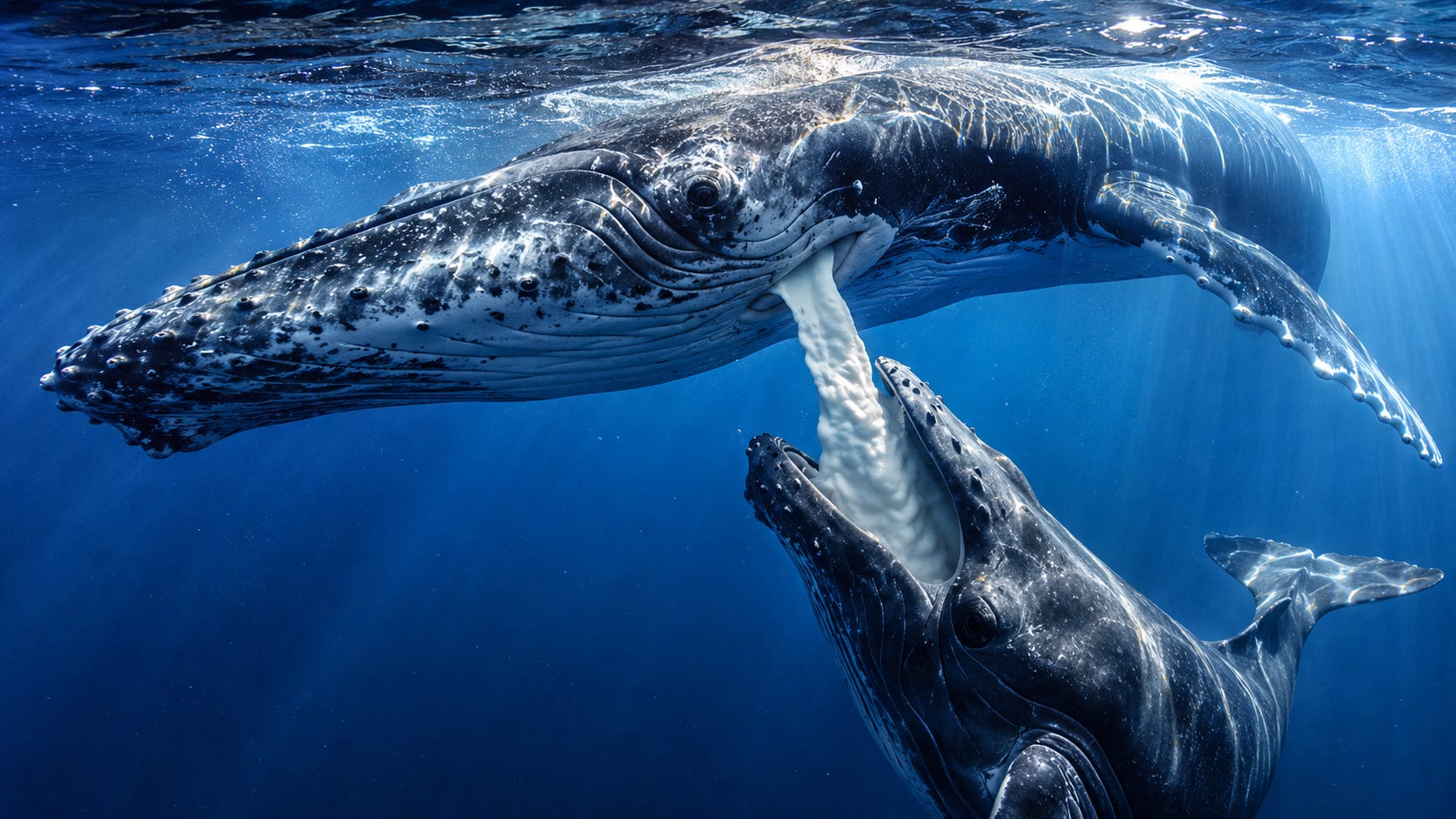 A mother humpback whale feeds her calf beneath the surface of the ocean, releasing nutrient rich milk specially designed to stay together underwater. Scientists estimate whale milk can contain up to 50% fat, allowing calves to feed efficiently in the open sea — a remarkable example of the precision and complexity found throughout creation.