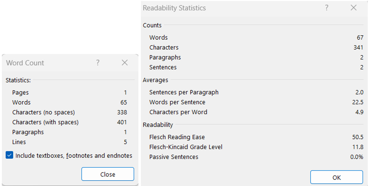 Viewing Rates Word Using MS Word for Readability Analysis - by Karen Smiley