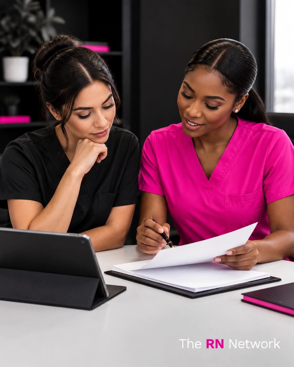 Two nurses reviewing a resume and certification paperwork, with The RN Network logo
