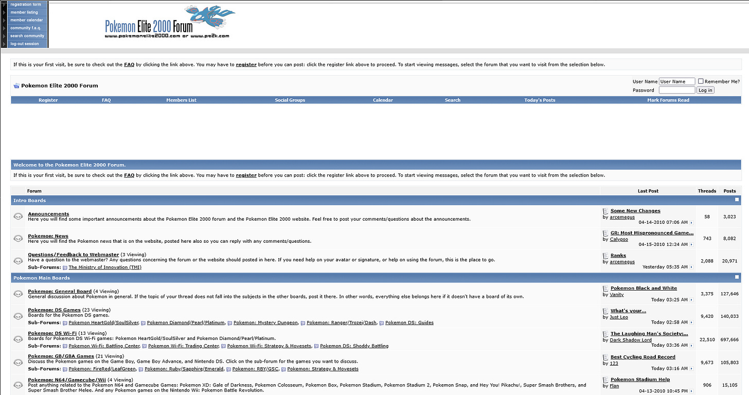 The Pokémon Elite 2000 forums from around 2010