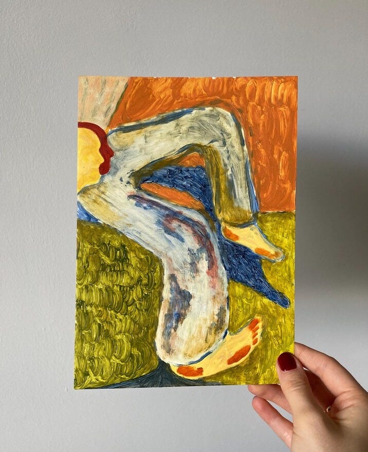 May include: A painting of a person's legs in blue jeans, with one leg bent and the other leg straight. The person is sitting on a green surface with an orange background.