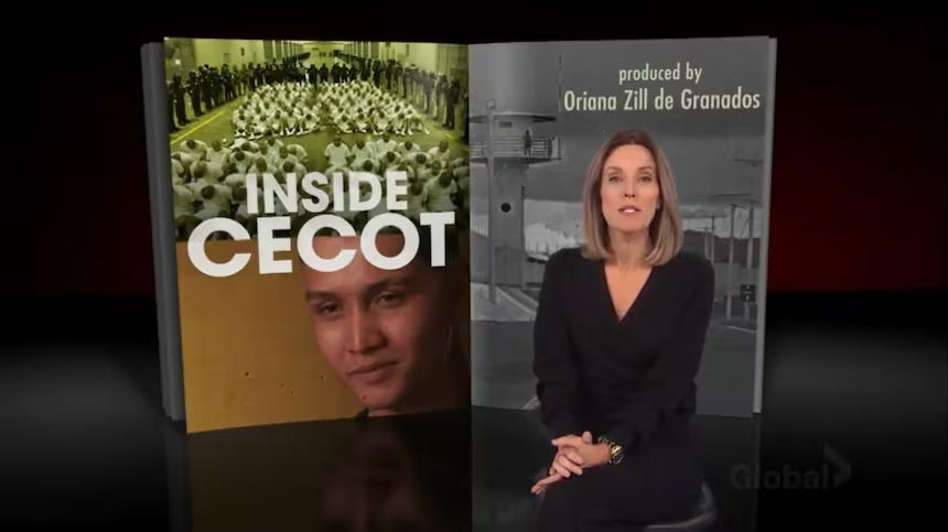 Screenshot of the opening of the 60 Minutes segment 'Inside CECOT,' featuring reporter Sharyn Alfonsi seated on the news set, before the usual 60 Minutes 'magazine' intro with the title of the segment over images from the story: the US deportees sitting shackled in rows in a hall of the prison as masked guards watch them, a shot of one of the prison's towers, and a close-up of Luis Munoz Pinto, one of the men interviewed in the segment. Onscreen text: 'INSIDE CECOT' ... produced by Oriana Zill de Granados. In the lower-right corner is the logo of Canadian network Global TV
