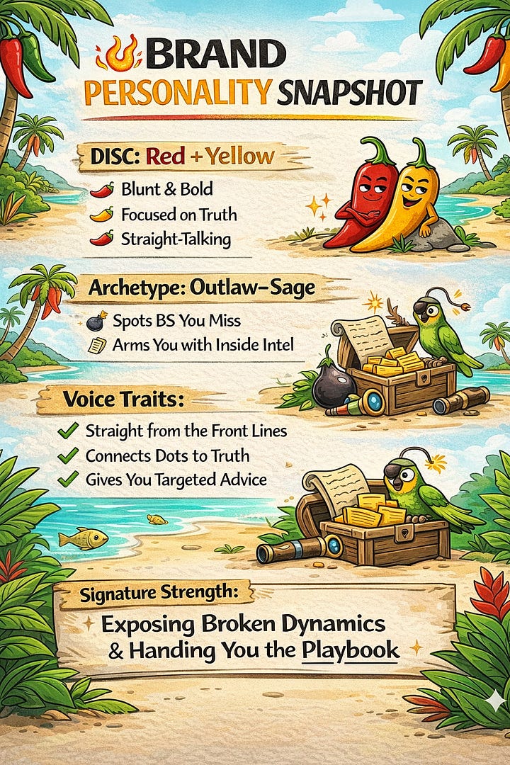 Four Substack writers' brand personality type cards generated from their writing style