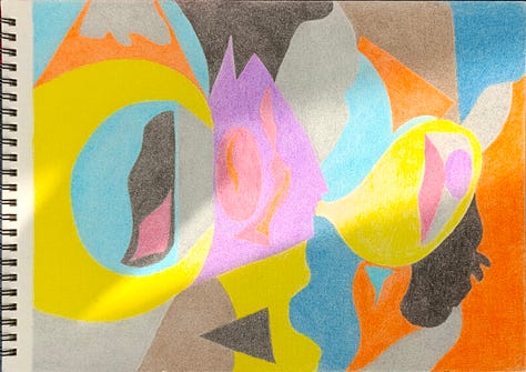 coloured pencils on paper, geometrical and more complex shapes in abstract compositions