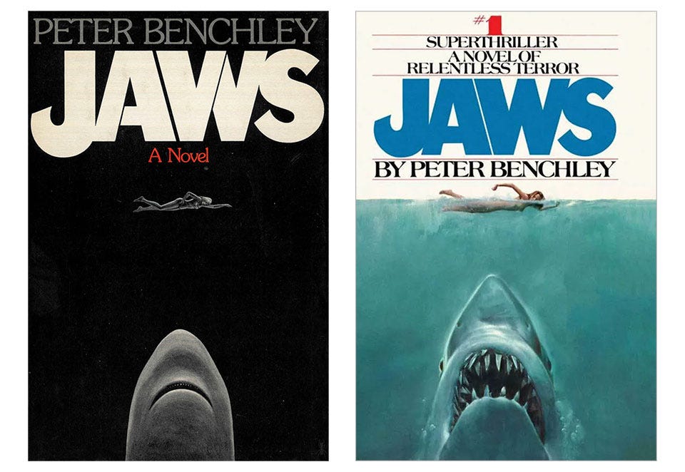 Jaws book covers by Paul Bacon and Roger Kastel