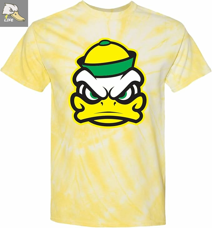 Vintage yellow tie-dye Oregon Ducks t-shirt featuring the classic fighting duck face logo in green and yellow, perfect for game day. Deals on fan gear, seats, and premium content at www.Ducks4.Life 