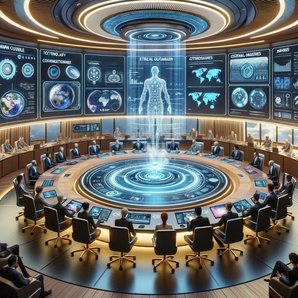 Imagine a futuristic conference room where the MindLink Ethics Council is in session. The room is equipped with advanced technology, blending elements of both traditional and futuristic design. At the center, a large, round table hosts a diverse group of human council members, each representing different fields such as ethics, law, technology, and healthcare. Among them, an AI platform is integrated directly into the table, symbolized by an interactive holographic display showing data analyses, ethical guidelines, and scenario simulations. This AI platform actively participates in the discussions, offering insights and projections in real time. The room also features screens displaying feedback from various stakeholders and global entities, ensuring a comprehensive and inclusive deliberation process. The atmosphere is one of collaborative innovation, where human wisdom and artificial intelligence converge to shape the future of brain-computer interface technologies.