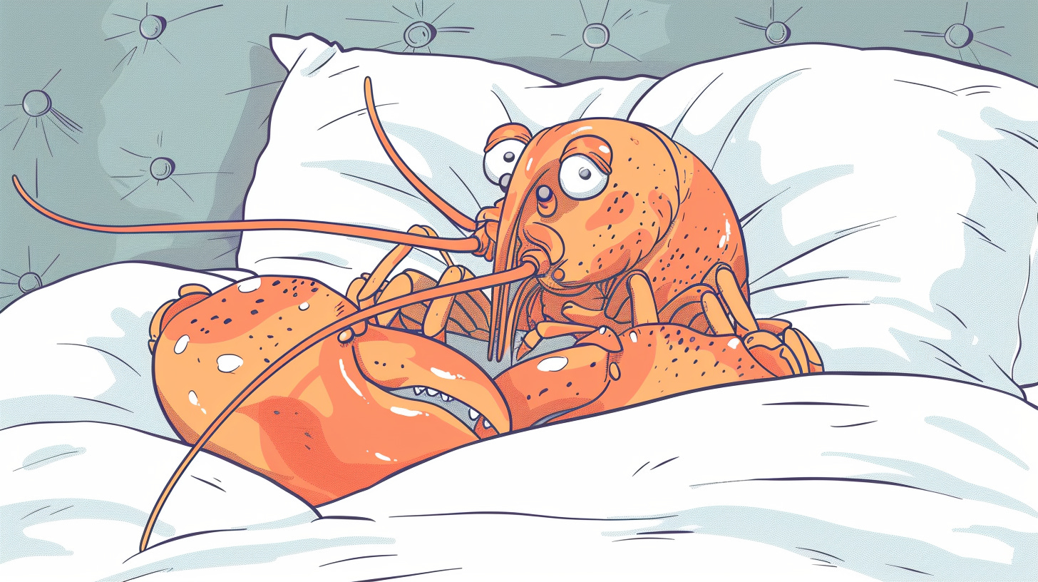 Cartoon of a lobster in bed looking ill
