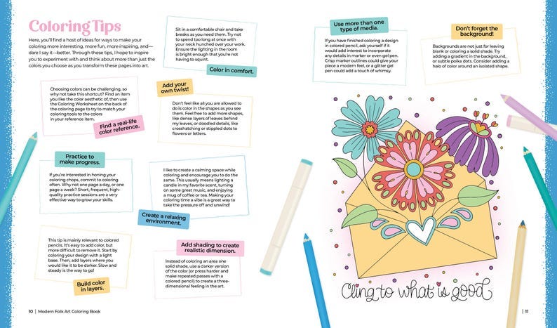 May include: A coloring book page with a colorful illustration of an envelope with flowers and the text "Cling to what is good". The page also includes tips for coloring, such as adding your own twist, practicing to make progress, and building color in layers.