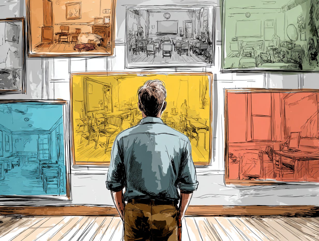 A teacher looks at a gallery wall filled with colorful classroom scenes, each one reflecting a different perspective on teaching moments.
