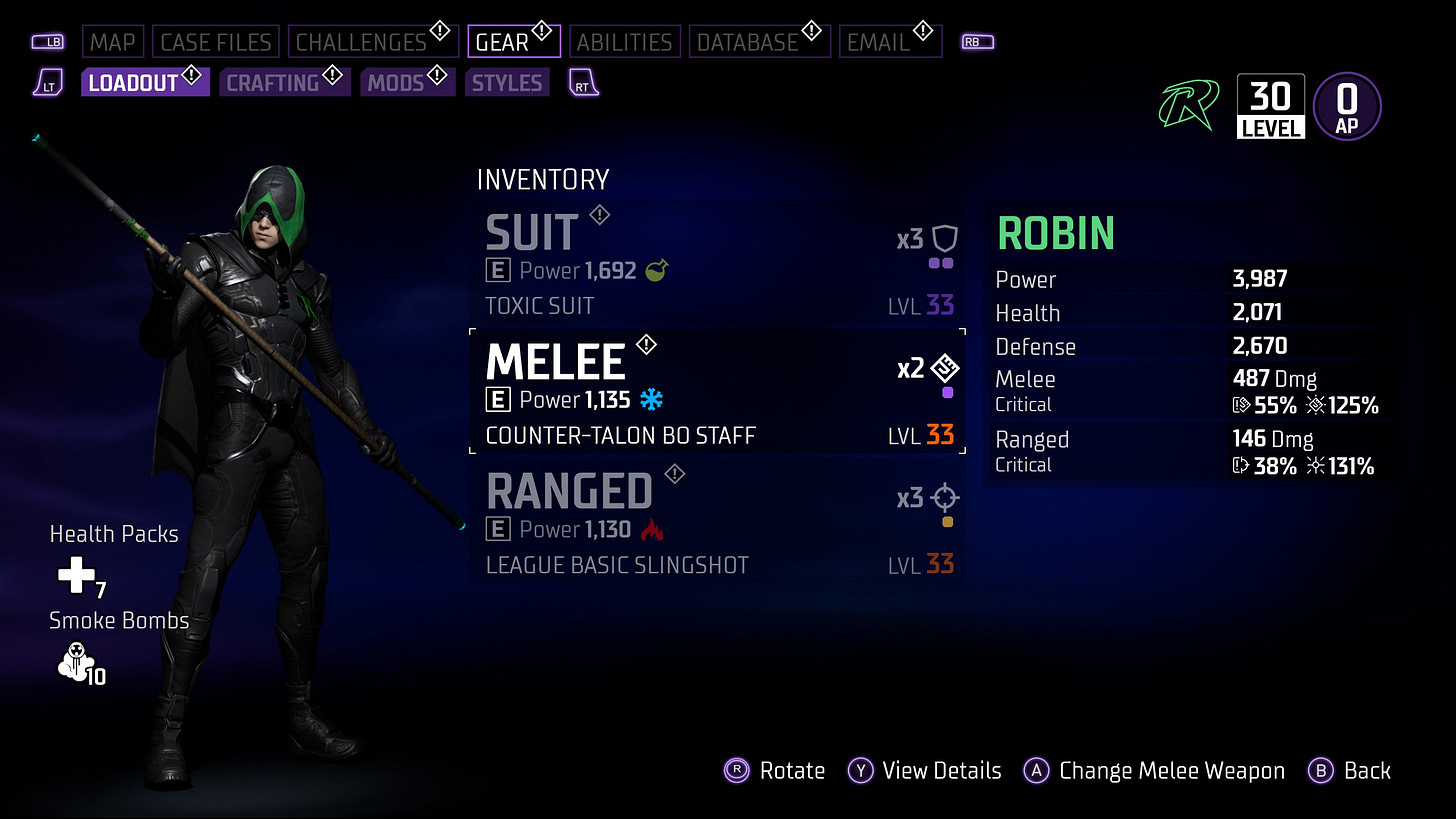 Gotham Knights main menu system, on the Gear page.