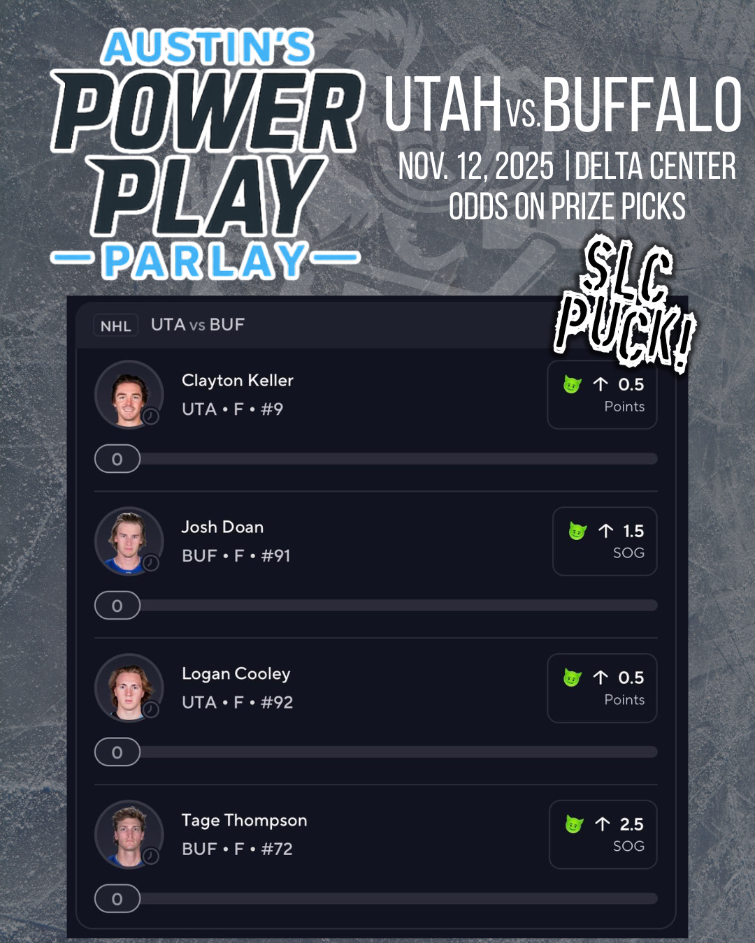 Prize Picks slip — Utah Mammoth vs Buffalo Sabres (Nov 12 2025) | Austin’s Power Play Parlay