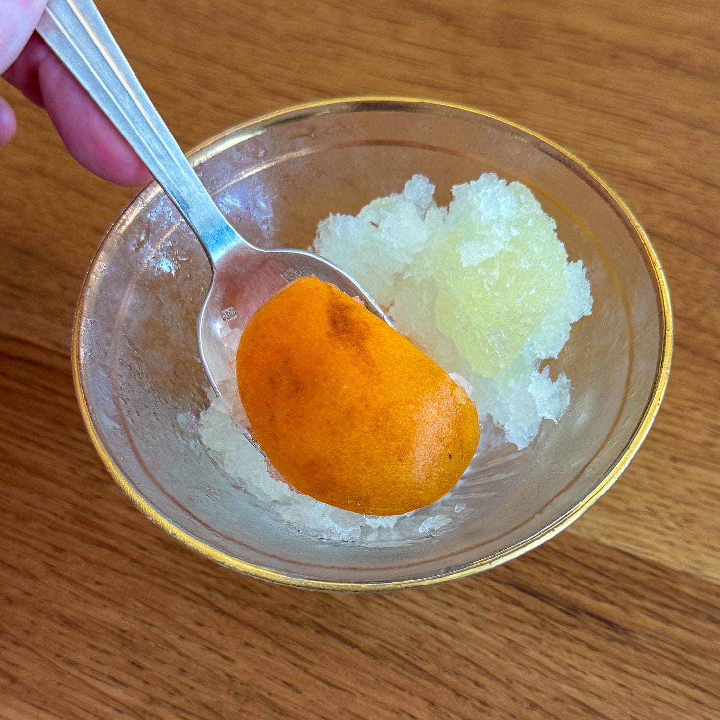 Fig-leaf-stem granita with sliced apricot at Bittikesu, Paris 4th Fig-leaf-stem granita with sliced apricot at Bittikesu, Paris 4th