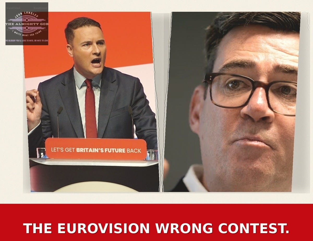 Wes Streeting and Andy Burnham torn newspaper diptych — The Almighty Gob — illustrating the Labour split over rejoining the EU Wes Streeting and Andy Burnham torn newspaper diptych — The Almighty Gob — illustrating the Labour split over rejoining the EU