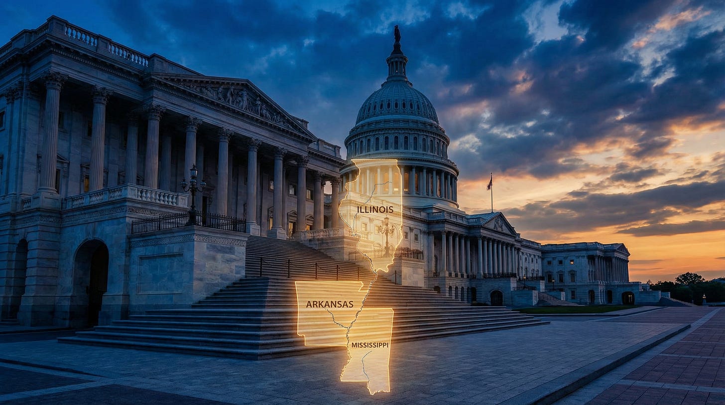 AI-generated illustration of a dramatic wide-angle view of the U.S. Capitol dome at dusk or dawn, with a faint map of Illinois, Arkansas and Mississippi subtly overlaid or glowing on the steps/foreground, symbolizing the three states feeding into the Senate battle.