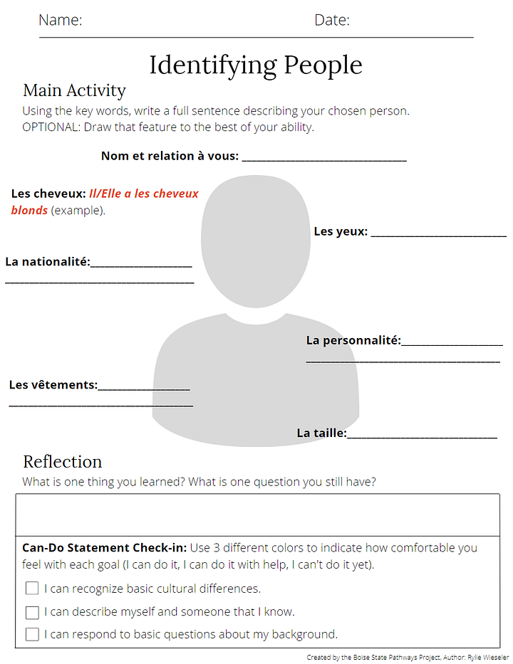 French Level 1 Worksheet