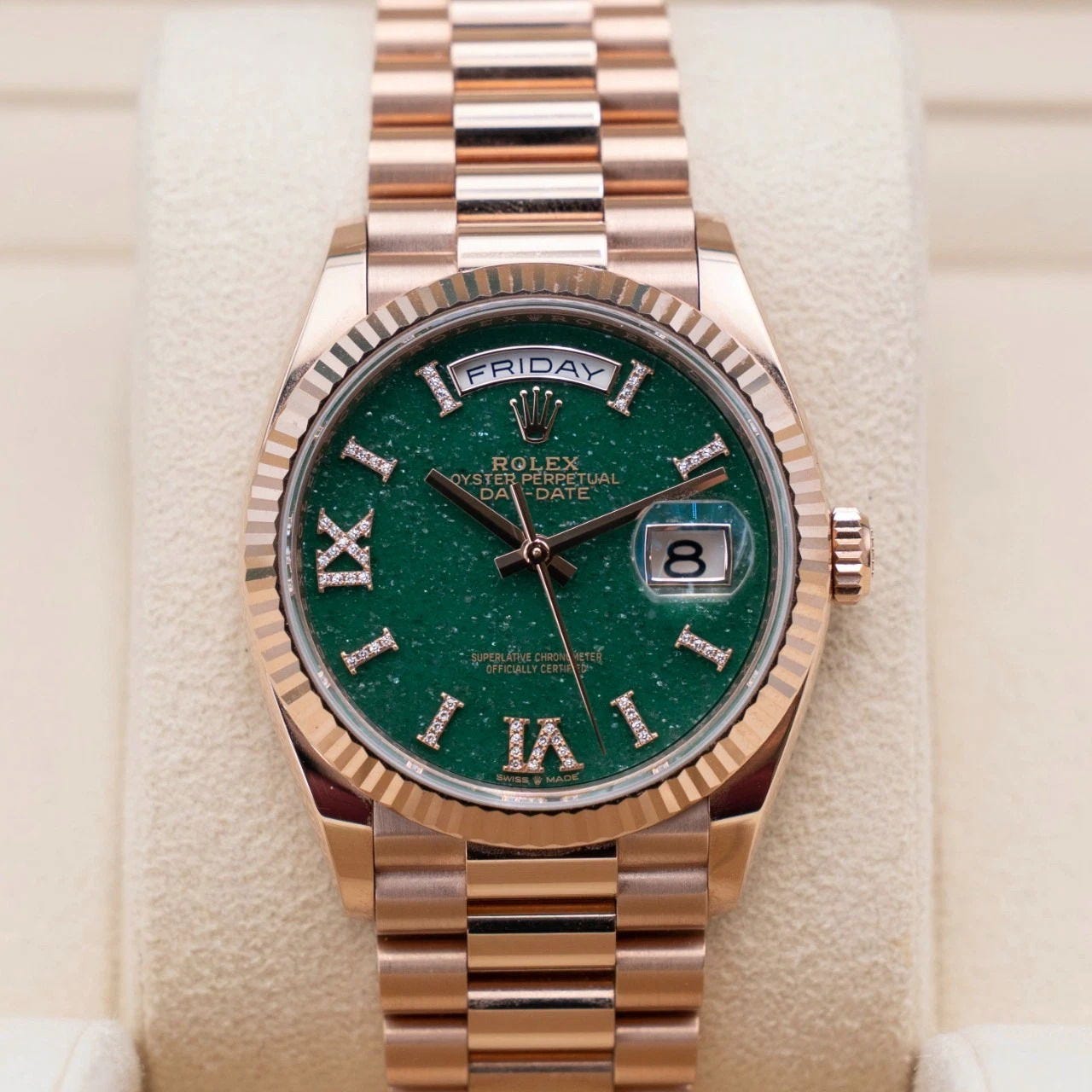 2024 Rolex Day-Date 36 Rose Gold / Fluted / Aventurine / Diamond-Set Roman / President 128235-0068 Listing Image 1 2024 Rolex Day-Date 36 Rose Gold / Fluted / Aventurine / Diamond-Set Roman / President 128235-0068 Listing Image 1
