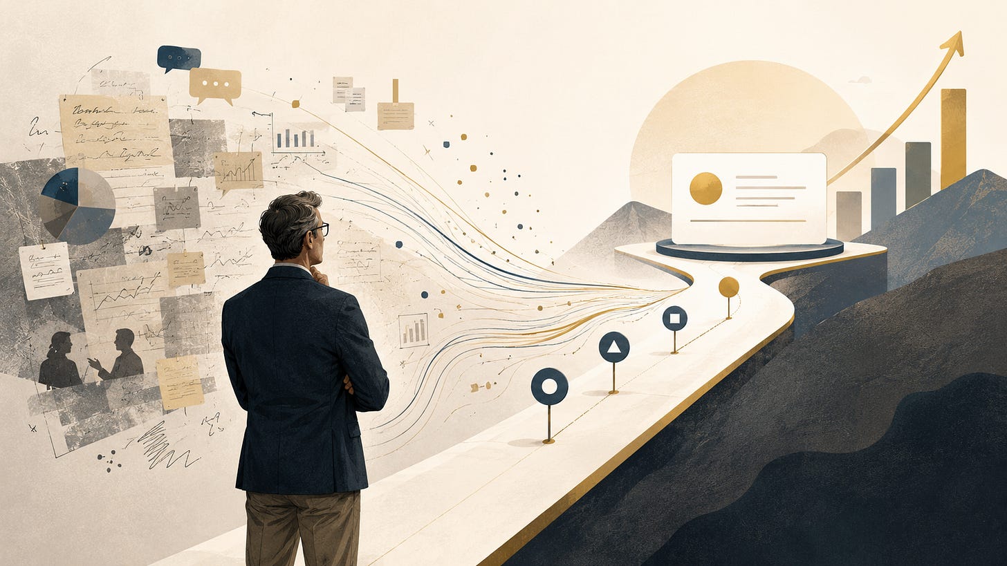 Advisor studying a decision map that turns experience into a rising business path