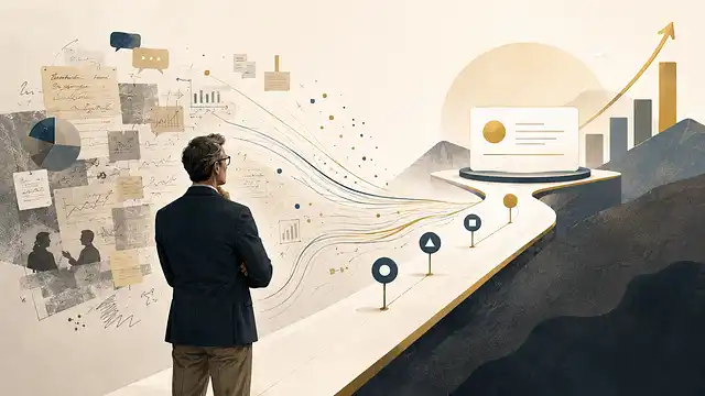 Advisor studying a decision map that turns experience into a rising business path