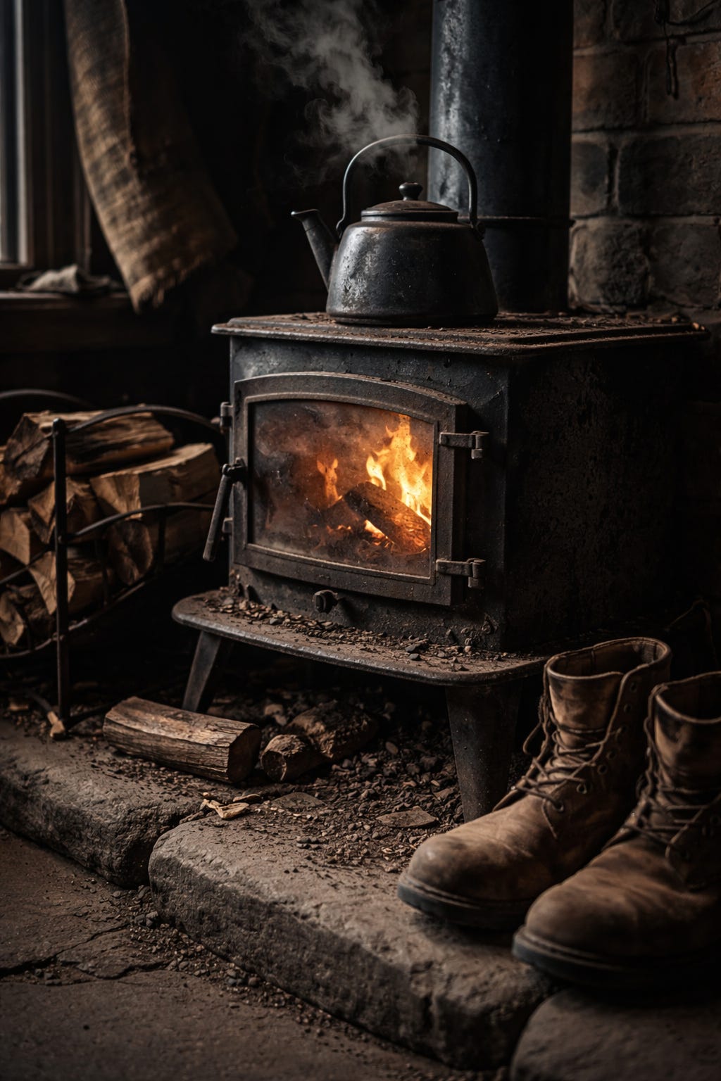 A cast-iron wood stove glowing in a quiet cabin kitchen, boots drying nearby, with stacked firewood and a kettle resting on top.