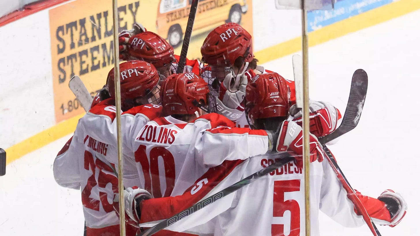 RPI Men's Hockey in celebration versus Saint Lawrence on Friday, November 7, 2025 in Troy, NY.