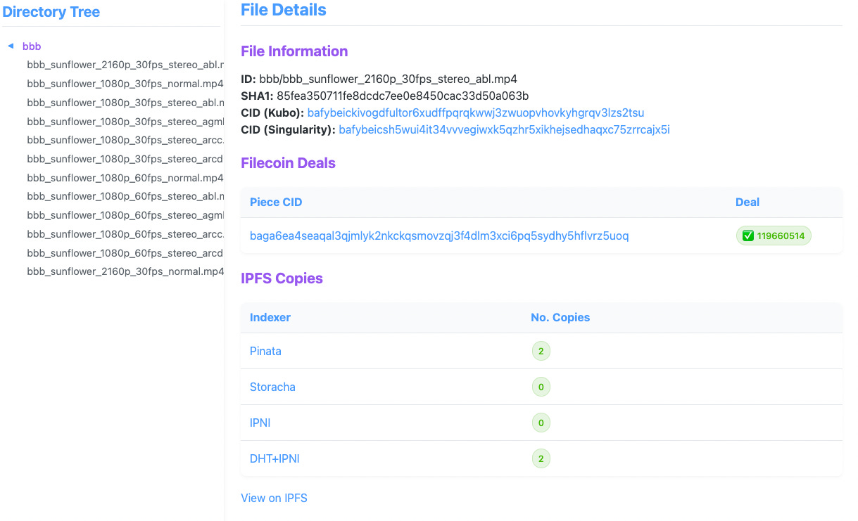 A screenshot of the CAR locator, showing the files included in a CAR file, as well as when a file is selected information about its location on Filecoin, IPFS copies, etc. A screenshot of the CAR locator, showing the files included in a CAR file, as well as when a file is selected information about its location on Filecoin, IPFS copies, etc.