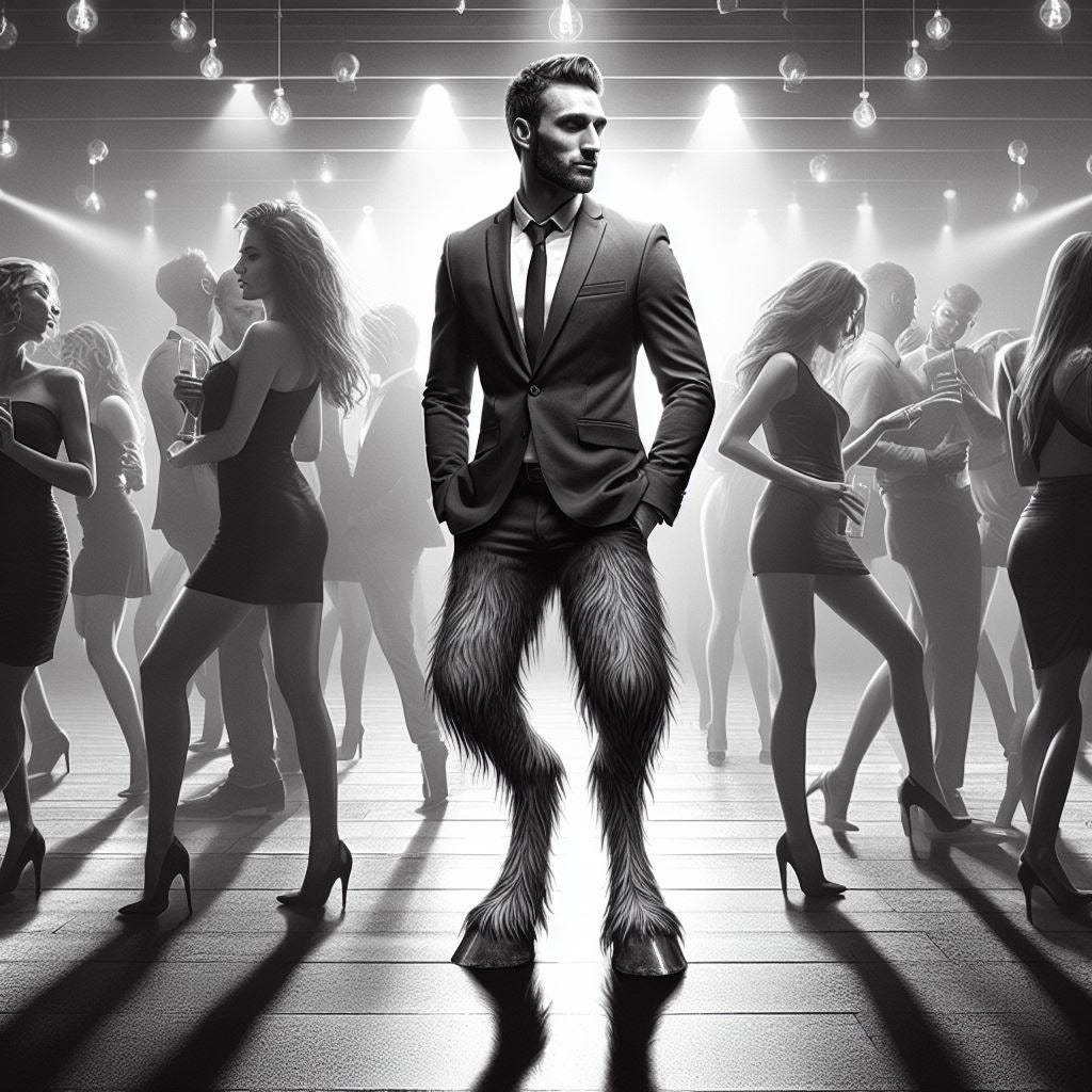necesito una imagen de terror  en blanco y negr donde haya un hombre guapo de traje en medio de una pista de baile pero tenga piernas de caballo y al rededor de él haya gente ignorándolo
