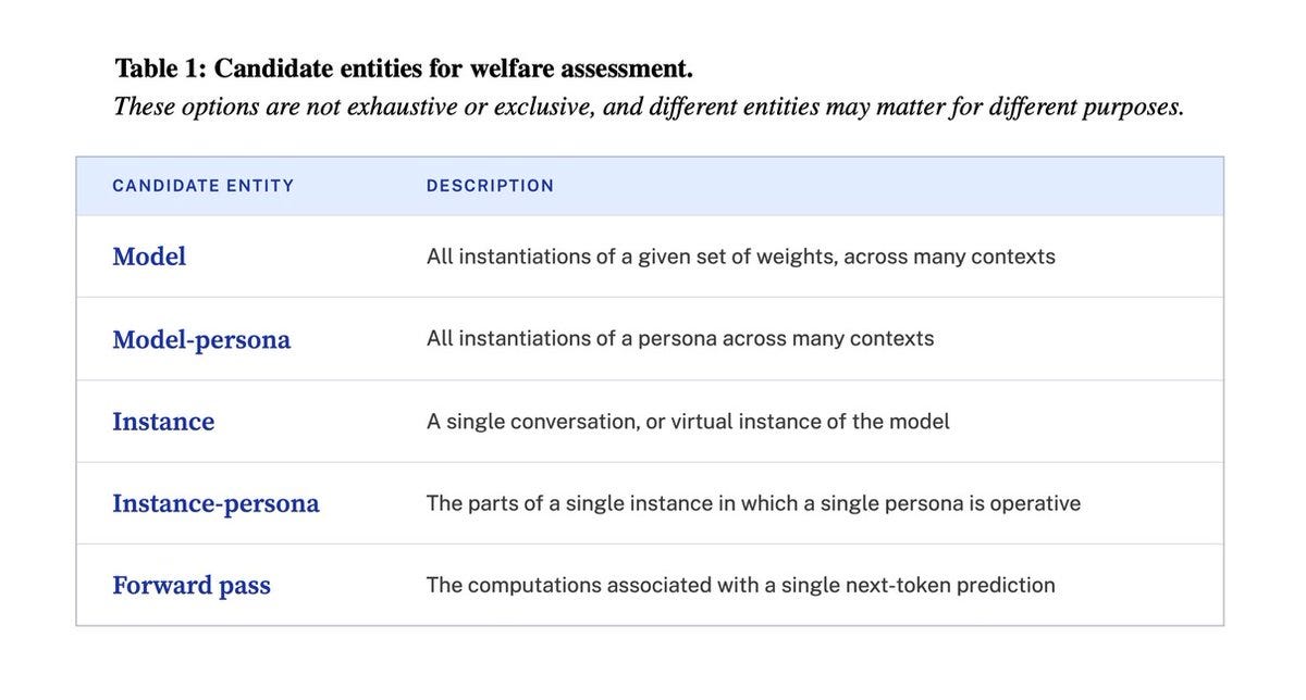 Table titled ”Candidate entities for welfare assessment” listing five entities in blue with descriptions: Model (all instantiations of a given set of weights across many contexts), Model-persona (all instantiations of a persona across many contexts), Instance (a single conversation or virtual instance of the model), Instance-persona (the parts of a single instance in which a single persona is operative), and Forward pass (the computations associated with a single next-token prediction).