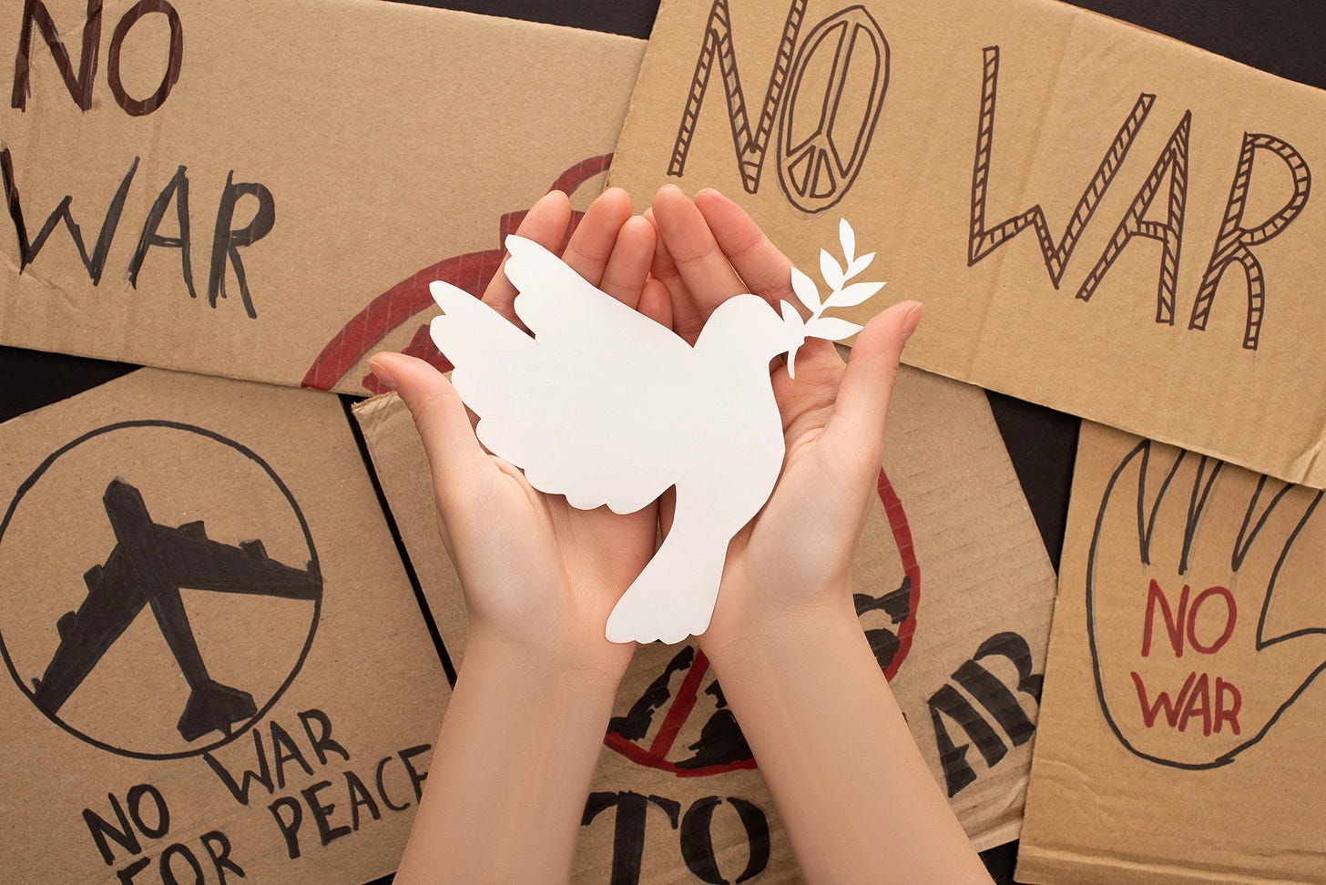 An image of hands with a dove in them overtop of signs saying "No War"