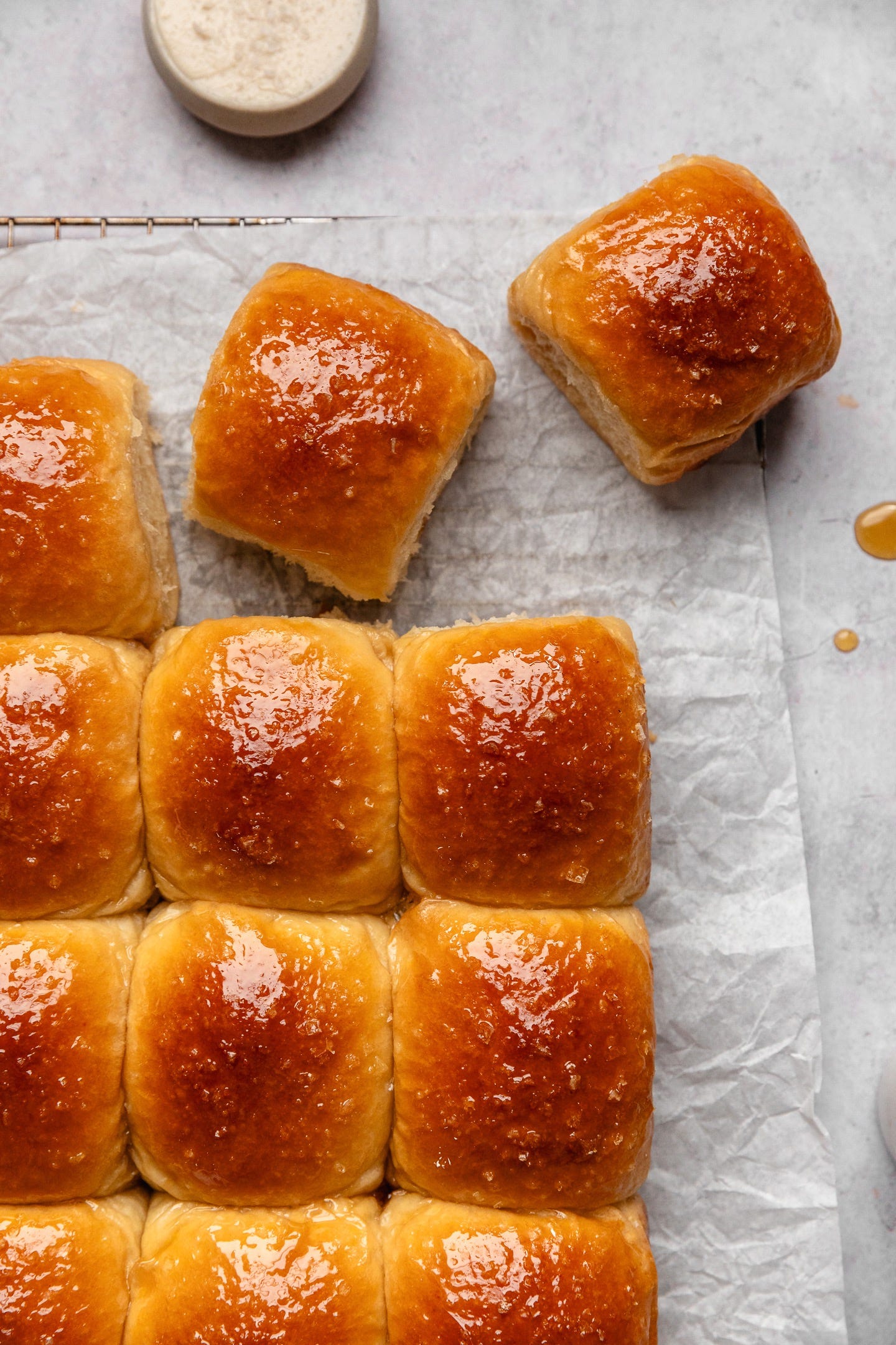 Vegan maple-glazed brioche buns seen from above