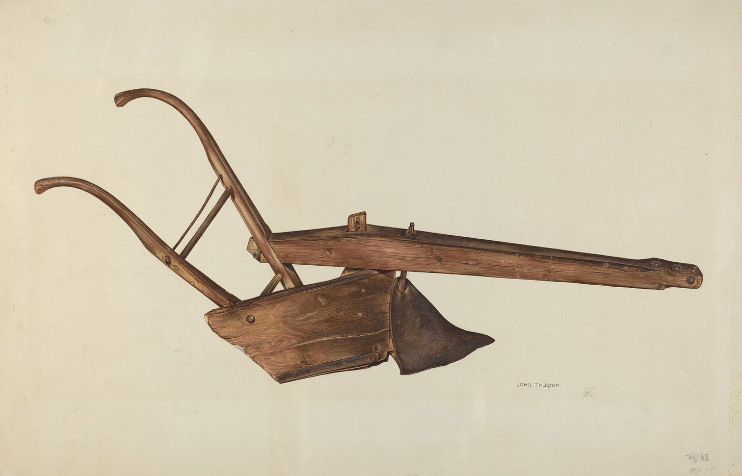 Image of a wooden plow with a metal blade. There are handles in the back for a person to hang onto and a wooden beam with a post going through it so it can pivot back and forth but it is anchored in the base of one of the handles which would prevent pivoting. Animals were probably hooked to the beam to pull the plow. Image of a wooden plow with a metal blade. There are handles in the back for a person to hang onto and a wooden beam with a post going through it so it can pivot back and forth but it is anchored in the base of one of the handles which would prevent pivoting. Animals were probably hooked to the beam to pull the plow.