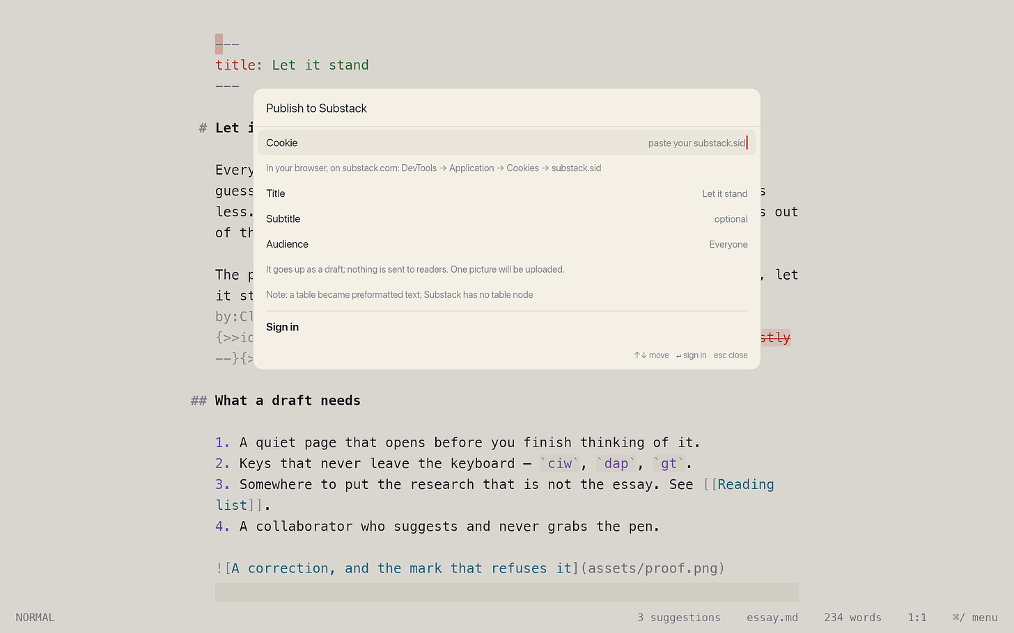 The Publish to Substack card, asking for the title and audience. The Publish to Substack card, asking for the title and audience.