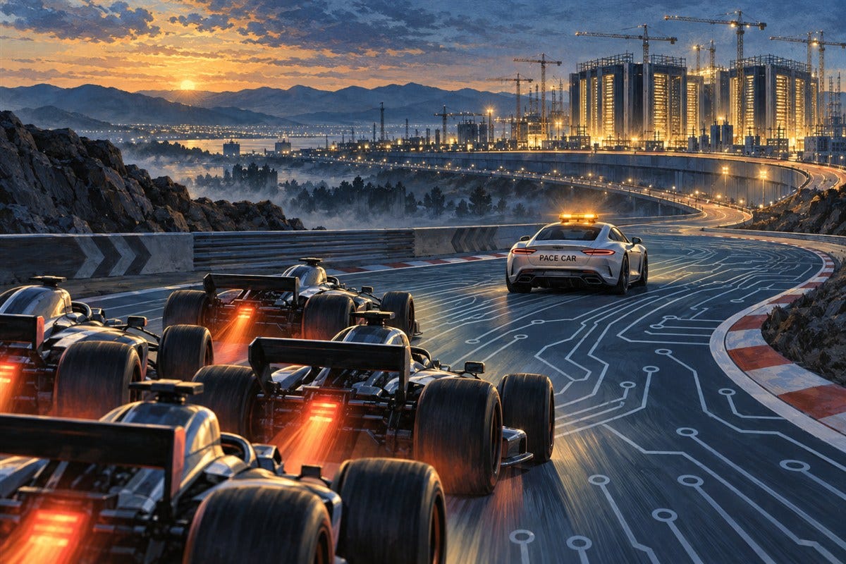 A pace car controls the speed of racers on a circuit-board track.