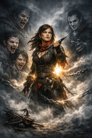 Ezmerelda’s vision in the Mists — the monster‑hunter standing amid swirling fog, her shattered crossbow at her feet, dagger raised against the phantom of Strahd. Her family’s faces twist into vampiric masks around her, eyes burning with hunger, while her own gaze blazes with defiance as she spits the words, “I was never yours.” Mist coils like chains around her, but a fierce inner light cuts through them.
