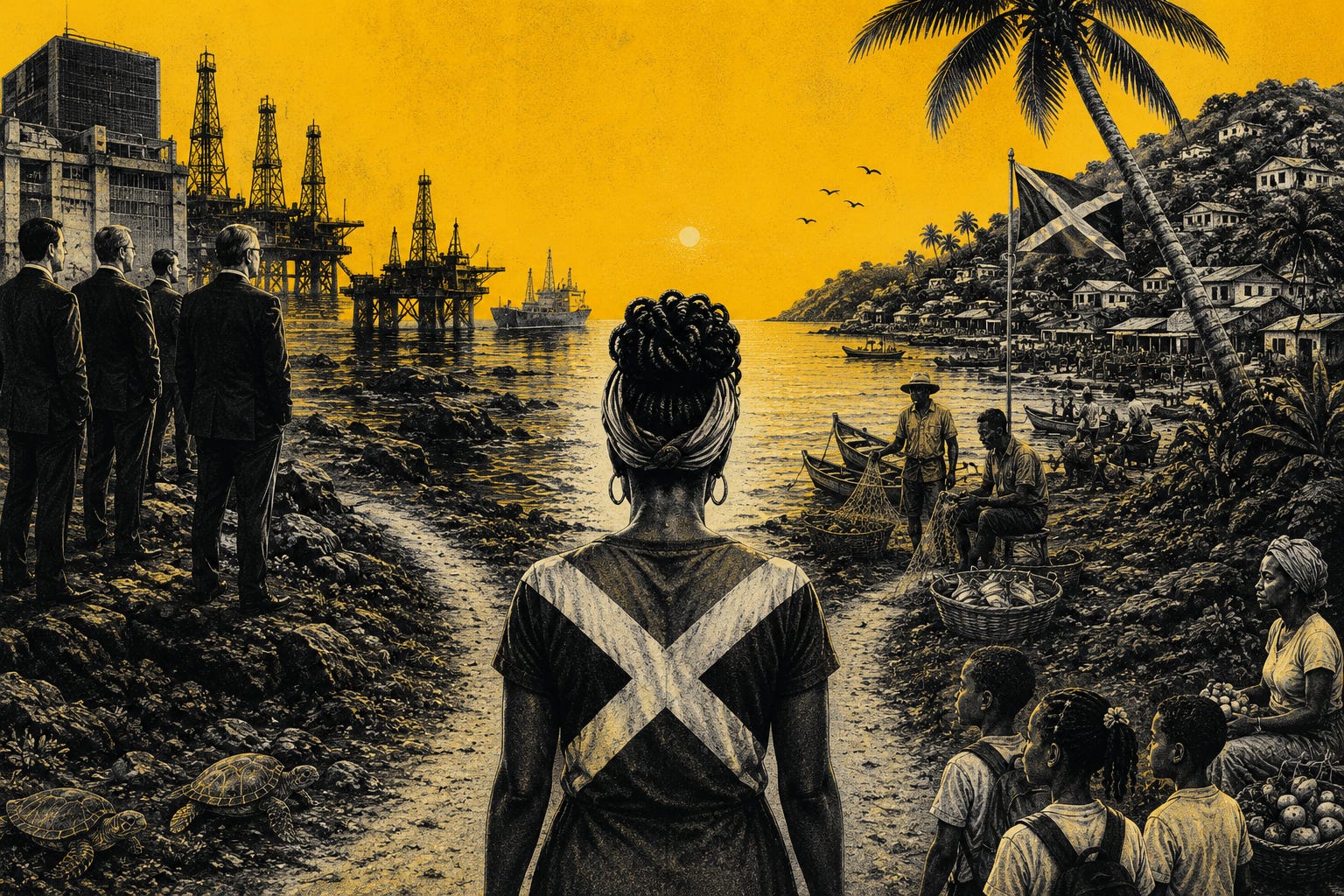 At a Crossroads  A striking editorial illustration depicting Jamaica standing at a crossroads between offshore oil development and the preservation of its natural and community assets. Rendered in bold yellow and grayscale tones, the image contrasts industrial interests and energy exploration with fishing communities, coastal livelihoods and national self-determination, raising questions about who should decide the country's future and who should ultimately benefit from its resources.