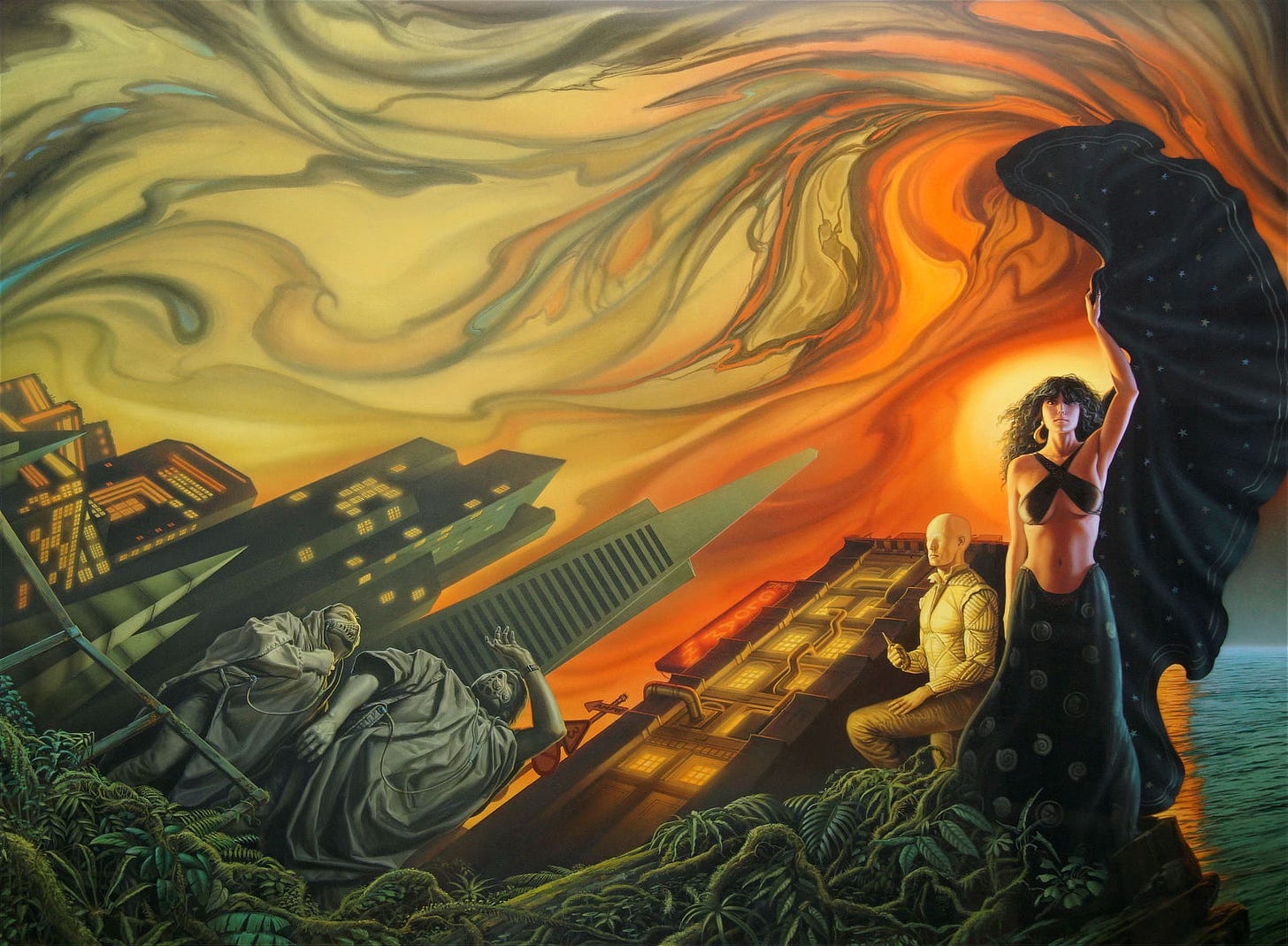An attractive woman with black hair holds her left arm up, and her cloak, black decorated with stars, extends like a wing over her head. She wears a tight x-shaped top with straps that cross over her shoulders. Her full-length black skirt hugs her hips and is decorated with ammonite fossils. The sky behind her swirls in an abstract pattern of orange and yellow, reminiscent of butterfly wings. A man is standing by her side in a defensive posture holding a shiv. There is smooth skin where his eyes would be. They are standing on a mound of jungle-like vegetation with water to their right and a futuristic cityscape skewing in a diagonal perspective to their left. The closest building is a hotel with a billboard that reads "The Gloam Inn." Two approaching figures look up. One shields his eyes from the bright halo behind the woman. The other is looking up reverently with his hand in a fist at his chest. Futuristic breathing masks cover their mouths and noses. Wires extend from pouches at their sides, forking like headphone cables where they loop around their necks. Wearing gray cloaks and rendered entirely monotone, they resemble statues. An attractive woman with black hair holds her left arm up, and her cloak, black decorated with stars, extends like a wing over her head. She wears a tight x-shaped top with straps that cross over her shoulders. Her full-length black skirt hugs her hips and is decorated with ammonite fossils. The sky behind her swirls in an abstract pattern of orange and yellow, reminiscent of butterfly wings. A man is standing by her side in a defensive posture holding a shiv. There is smooth skin where his eyes would be. They are standing on a mound of jungle-like vegetation with water to their right and a futuristic cityscape skewing in a diagonal perspective to their left. The closest building is a hotel with a billboard that reads "The Gloam Inn." Two approaching figures look up. One shields his eyes from the bright halo behind the woman. The other is looking up reverently with his hand in a fist at his chest. Futuristic breathing masks cover their mouths and noses. Wires extend from pouches at their sides, forking like headphone cables where they loop around their necks. Wearing gray cloaks and rendered entirely monotone, they resemble statues.
