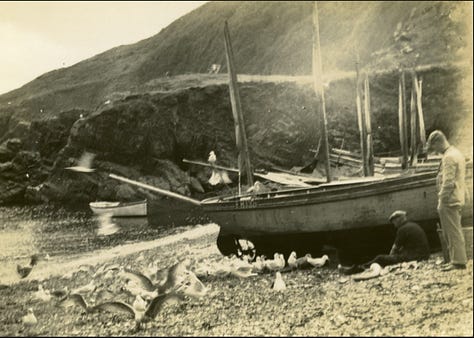Images from the the Museum of Cornish Life's photographic collection, used with permission. 1. “Cornish fishermen on a bench, Salt Cellar Hill, Porthleven, 1920s-1930s.” 2. “Seagulls by Fishing Boat, Cadgwith, 1928” Photographer Dyott Darwell, Helston. 3. “Pilchard Seining at Gunwalloe, 1890” A huer with bushes is signalling the location of the shoals of pilchards to the seine boats out at sea. 4. “Fishing at Gunwalloe, 1899” 5. Cornish Fishermen at Mevagissey, about 1920 Two Cornish fishermen in conversation with a young lady.