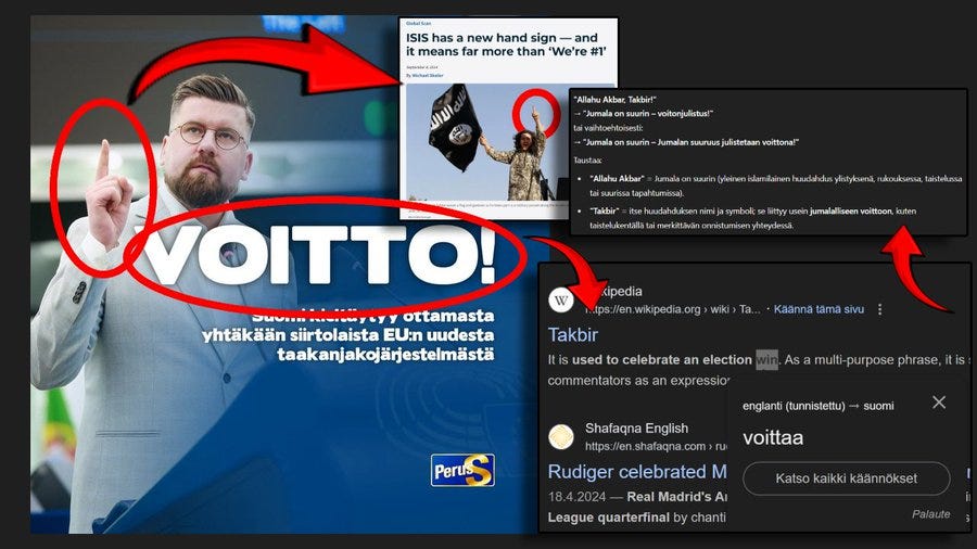 Tynkkysen julkaisemassa kuvassa hän juhlii “voittona” Suomen asettumista vastaan EU:n taakanjakojärjestelmää, ja nostaa yhden sormen pystyyn. Tynkkysen julkaisemassa kuvassa hän juhlii “voittona” Suomen asettumista vastaan EU:n taakanjakojärjestelmää, ja nostaa yhden sormen pystyyn.